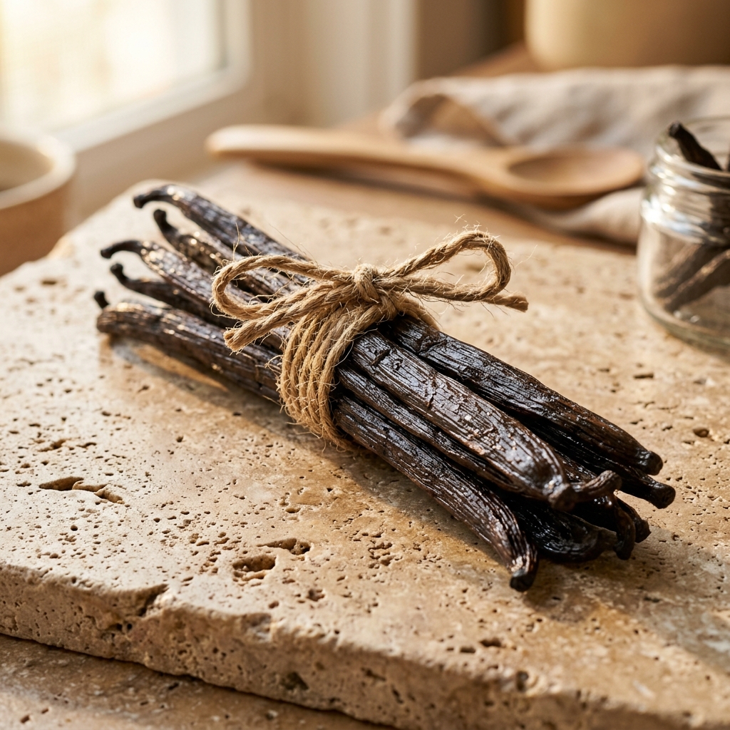 A bundle of cured vanilla beans tied with twine